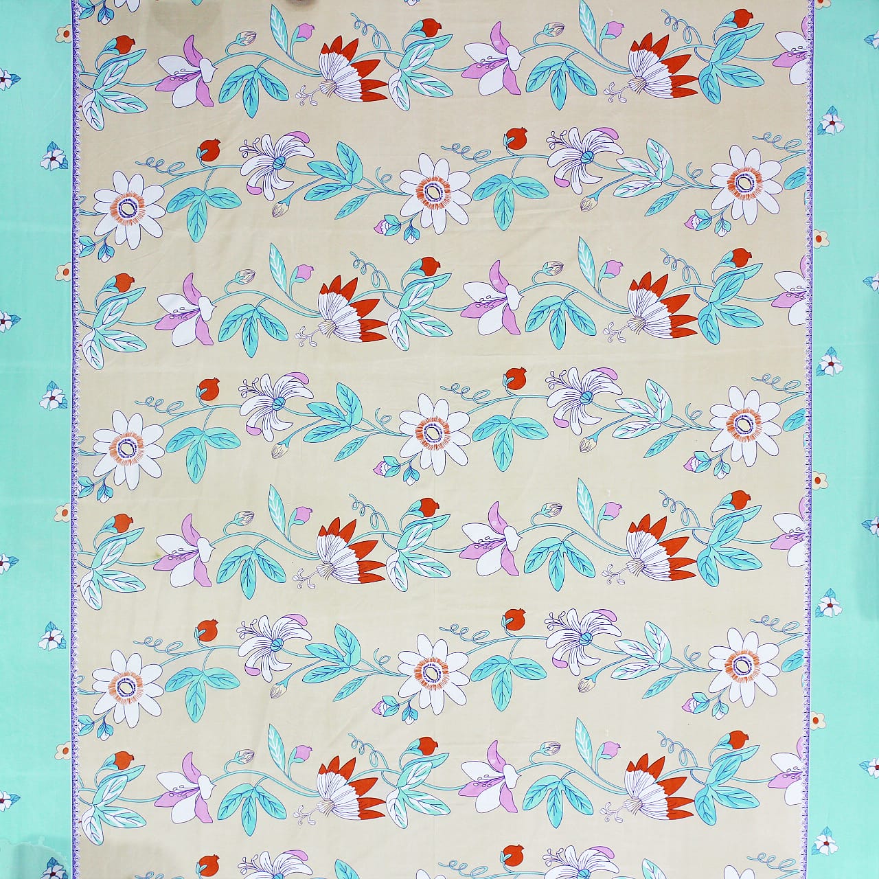 Cotton Floral Print 210 TC King Size Fitted Bedsheet In Aqua At Best Prices
