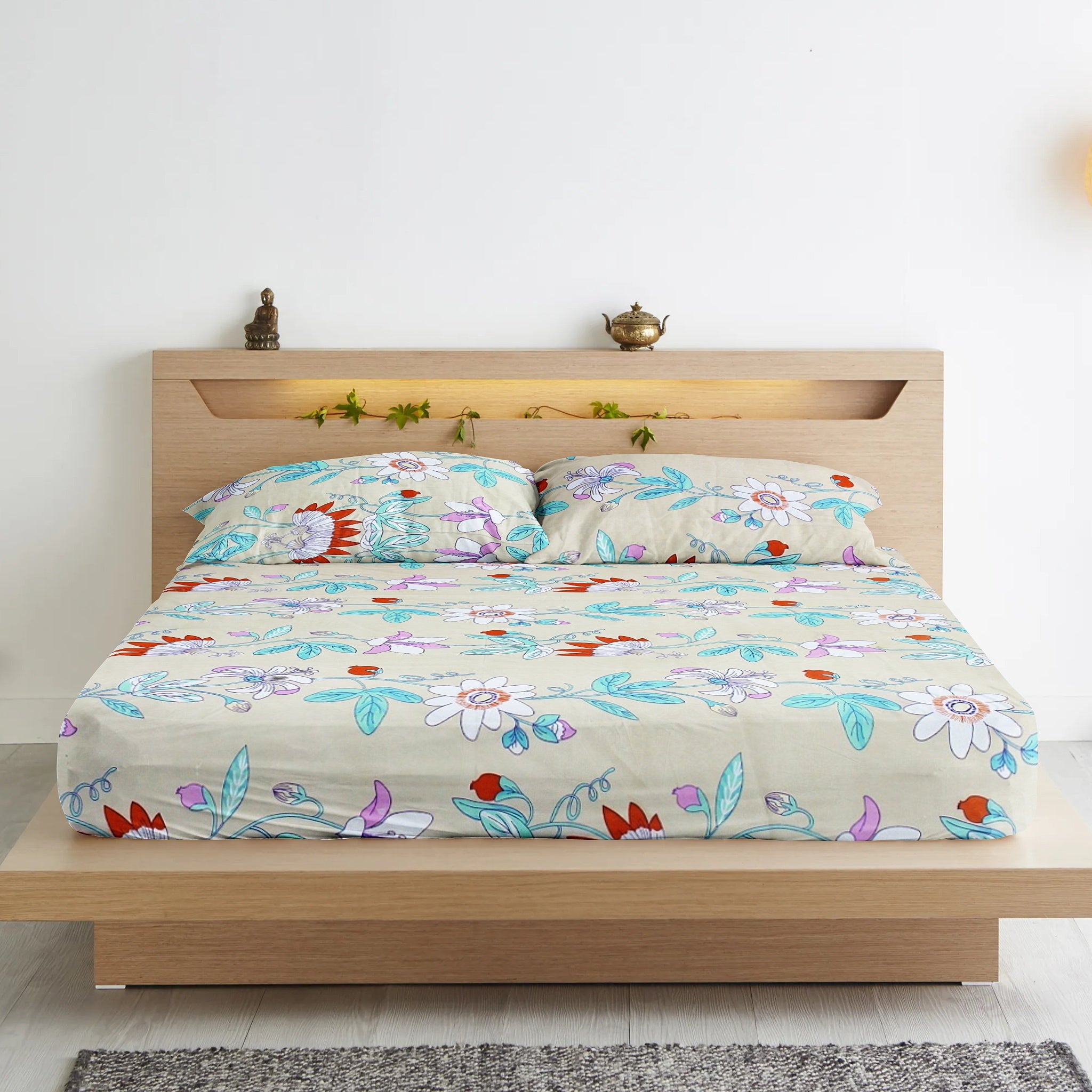 Cotton Floral Print 210 TC King Size Fitted Bedsheet In Aqua At Best Prices