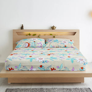 Cotton Floral Print 210 TC King Size Fitted Bedsheet In Aqua At Best Prices