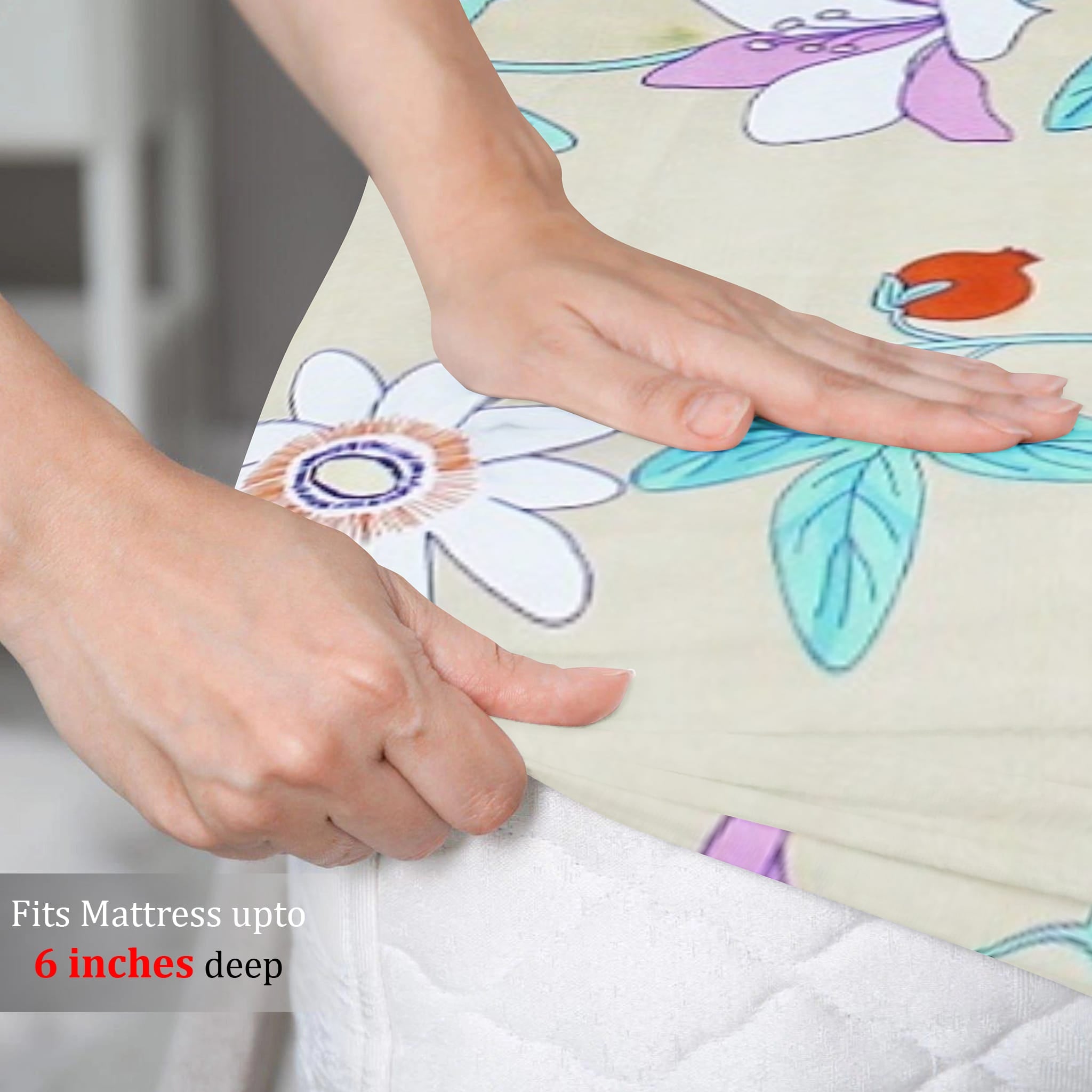 Cotton Floral Print 210 TC King Size Fitted Bedsheet In Aqua At Best Prices