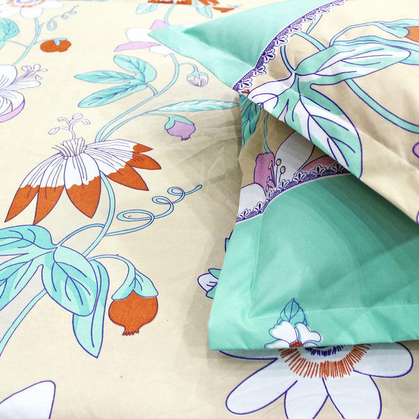 Cotton Floral Print 210 TC King Size Fitted Bedsheet In Aqua At Best Prices