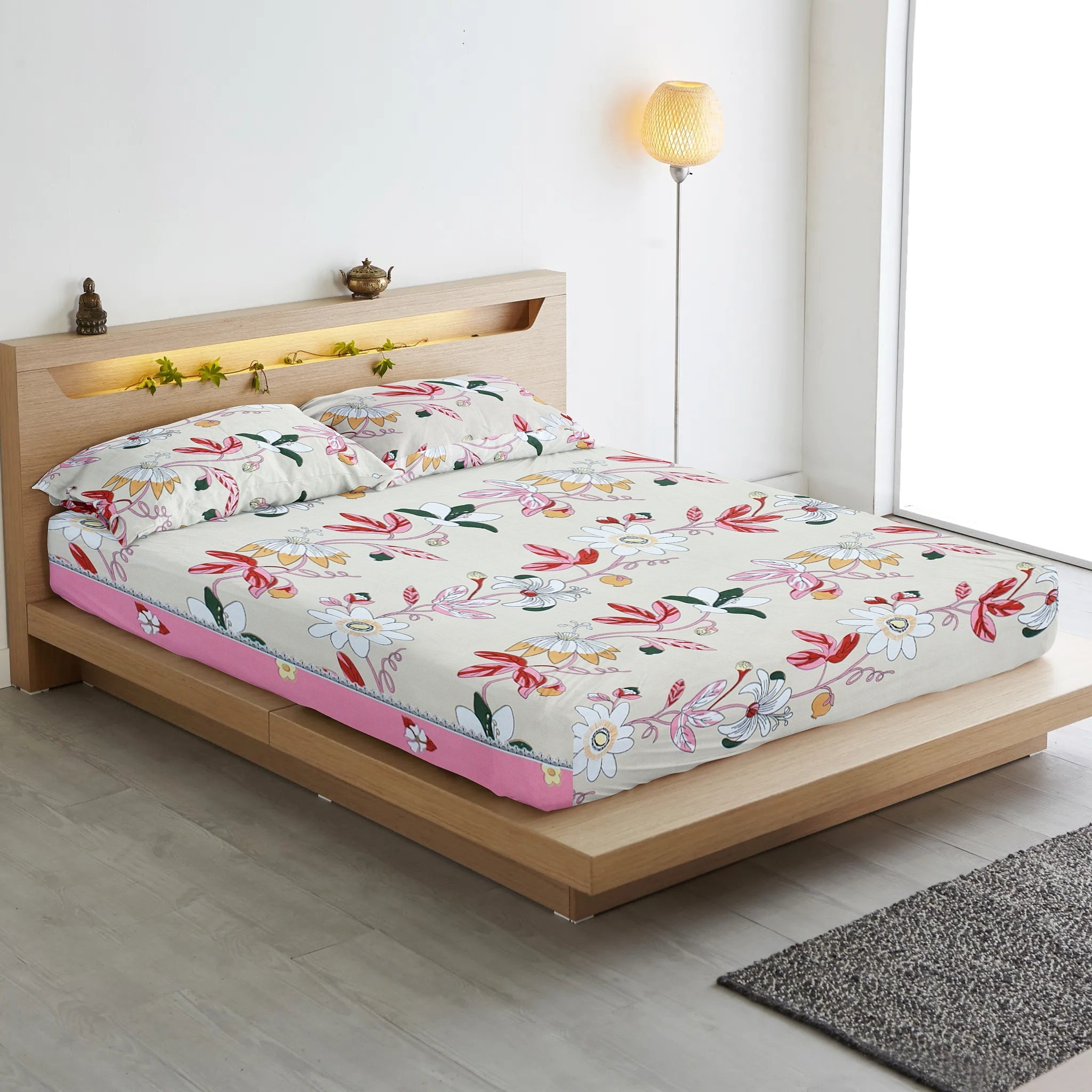Floral 210 TC Fitted Bedsheet - Magenta