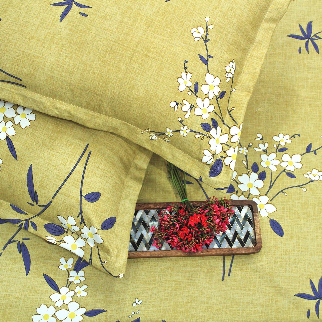 Floral 210 TC Fitted Bedsheet - Olive