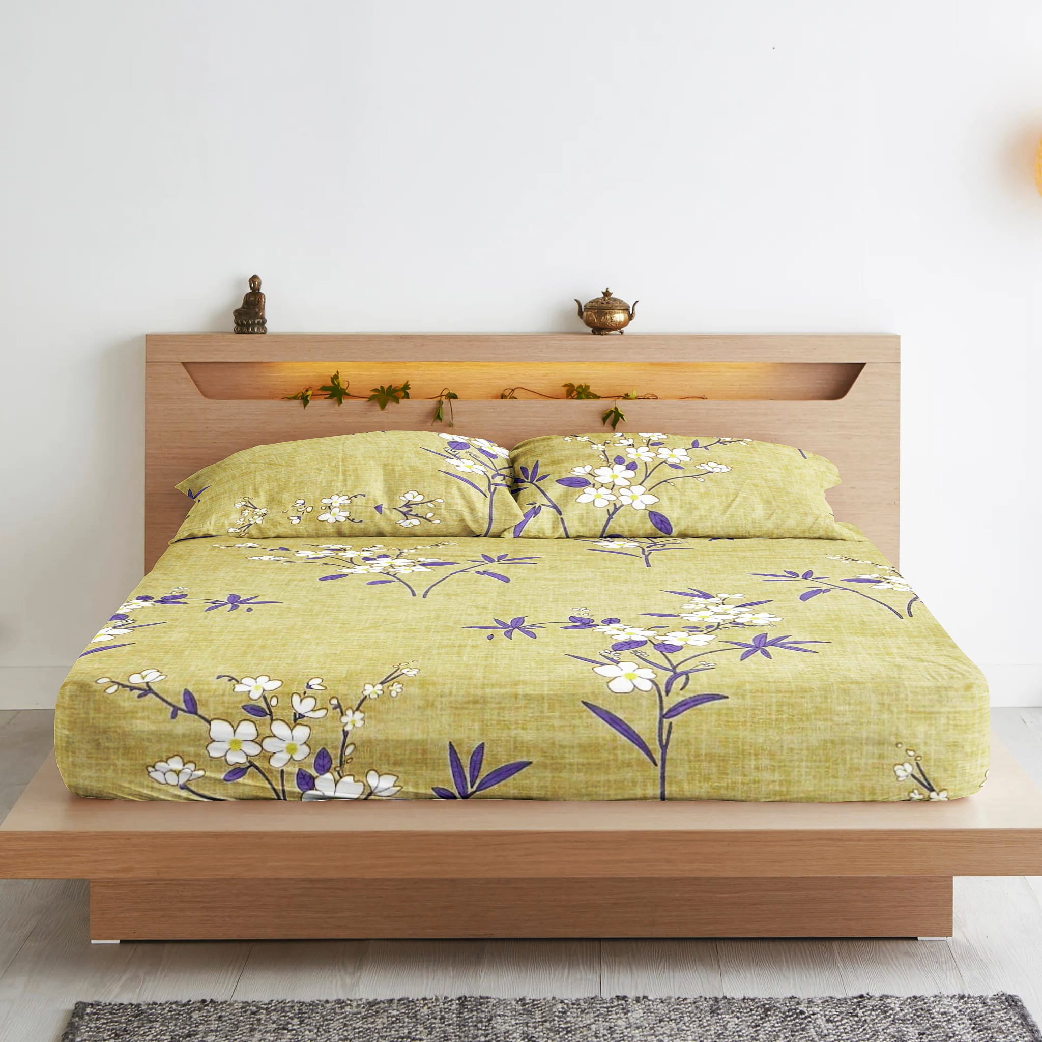 Soft Cotton Floral Print 210 TC Fitted Bedsheet In Olive At Best Prices