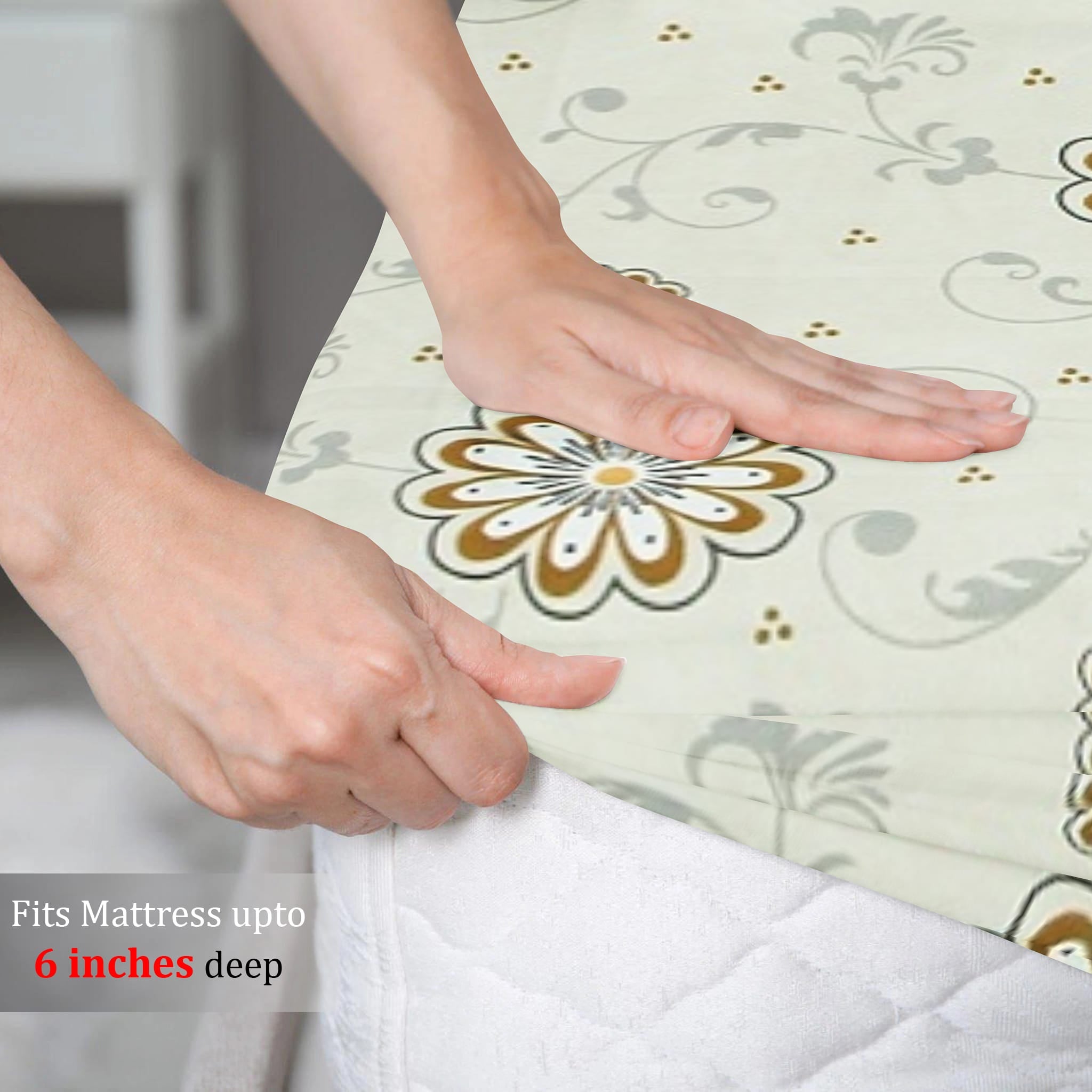 Cotton Floral Print 210 TC King Size Fitted Bedsheet In Beige t Best Prices