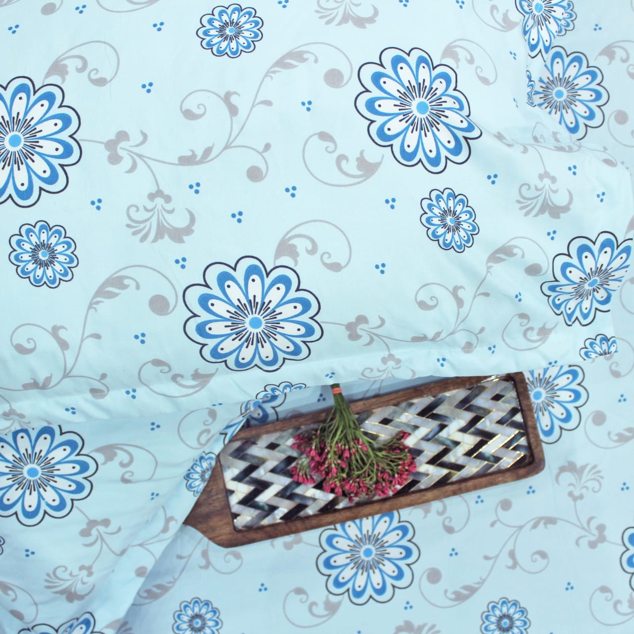Cotton Floral Print 210 TC King Size Fitted Bedsheet In Sky Blue At Best Prices
