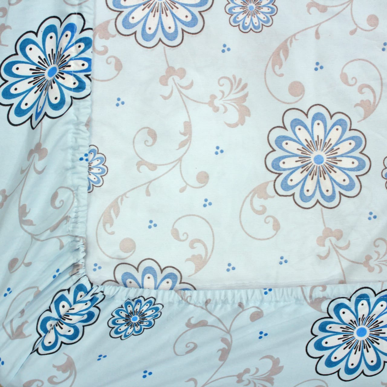 Cotton Floral Print 210 TC King Size Fitted Bedsheet In Sky Blue At Best Prices
