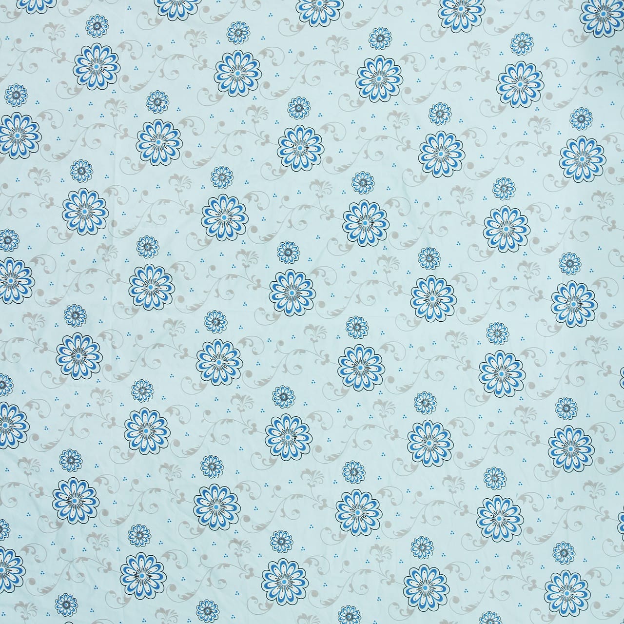 Cotton Floral Print 210 TC King Size Fitted Bedsheet In Sky Blue At Best Prices