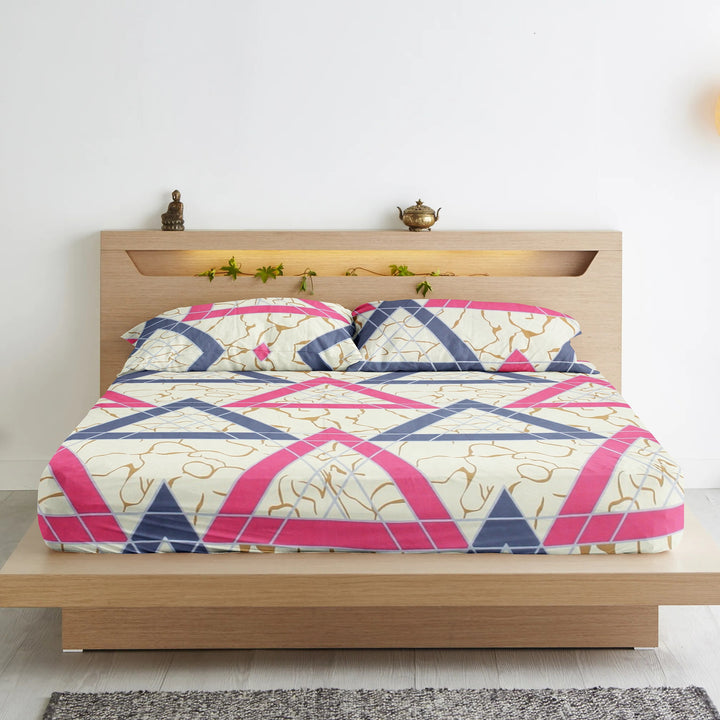 Cotton Geometrical Print 210 TC King Size Fitted Bedsheet In Multicolor At Best Prices