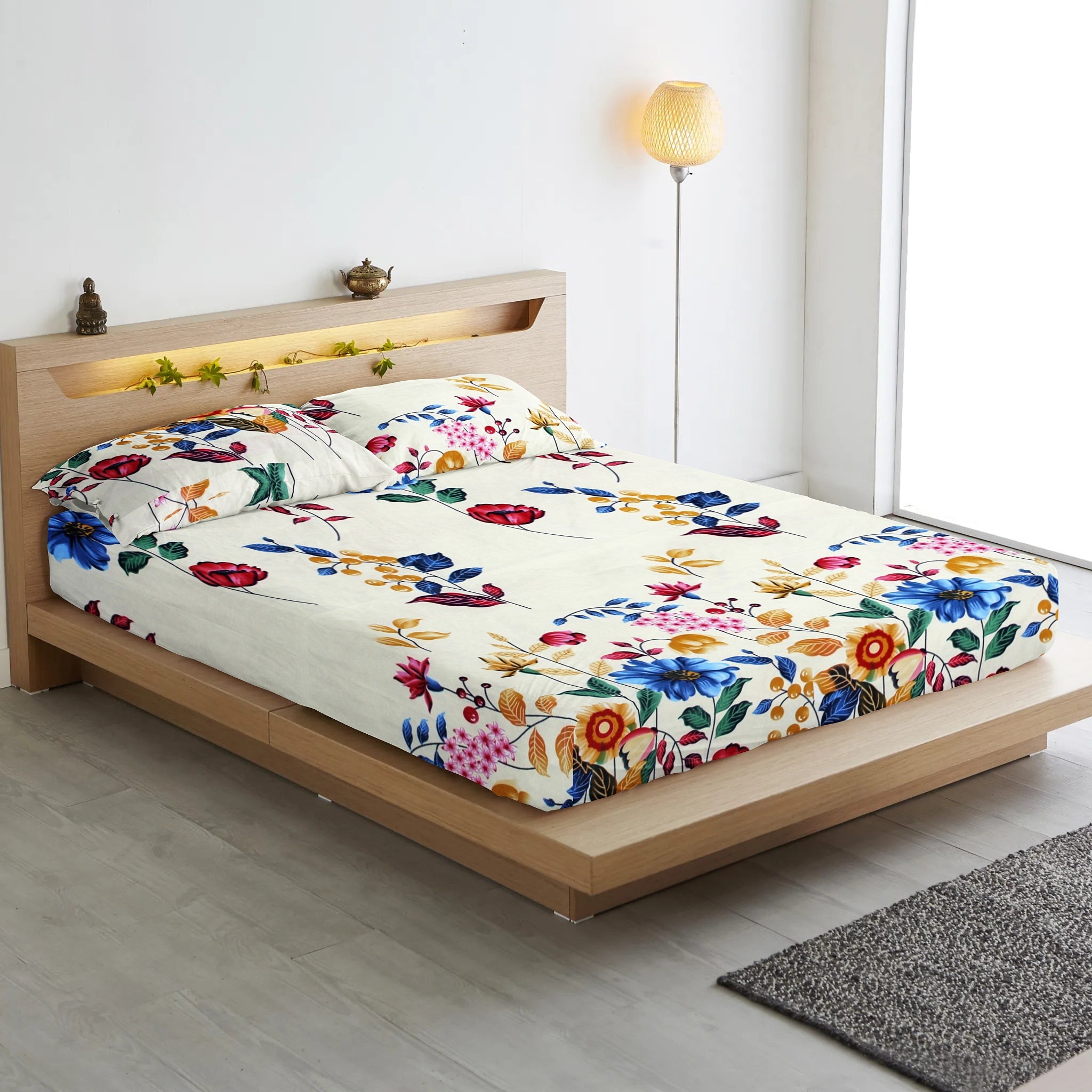 Cotton Floral Print 210 TC King Size Fitted Bedsheet In Multicolor At Best Prices