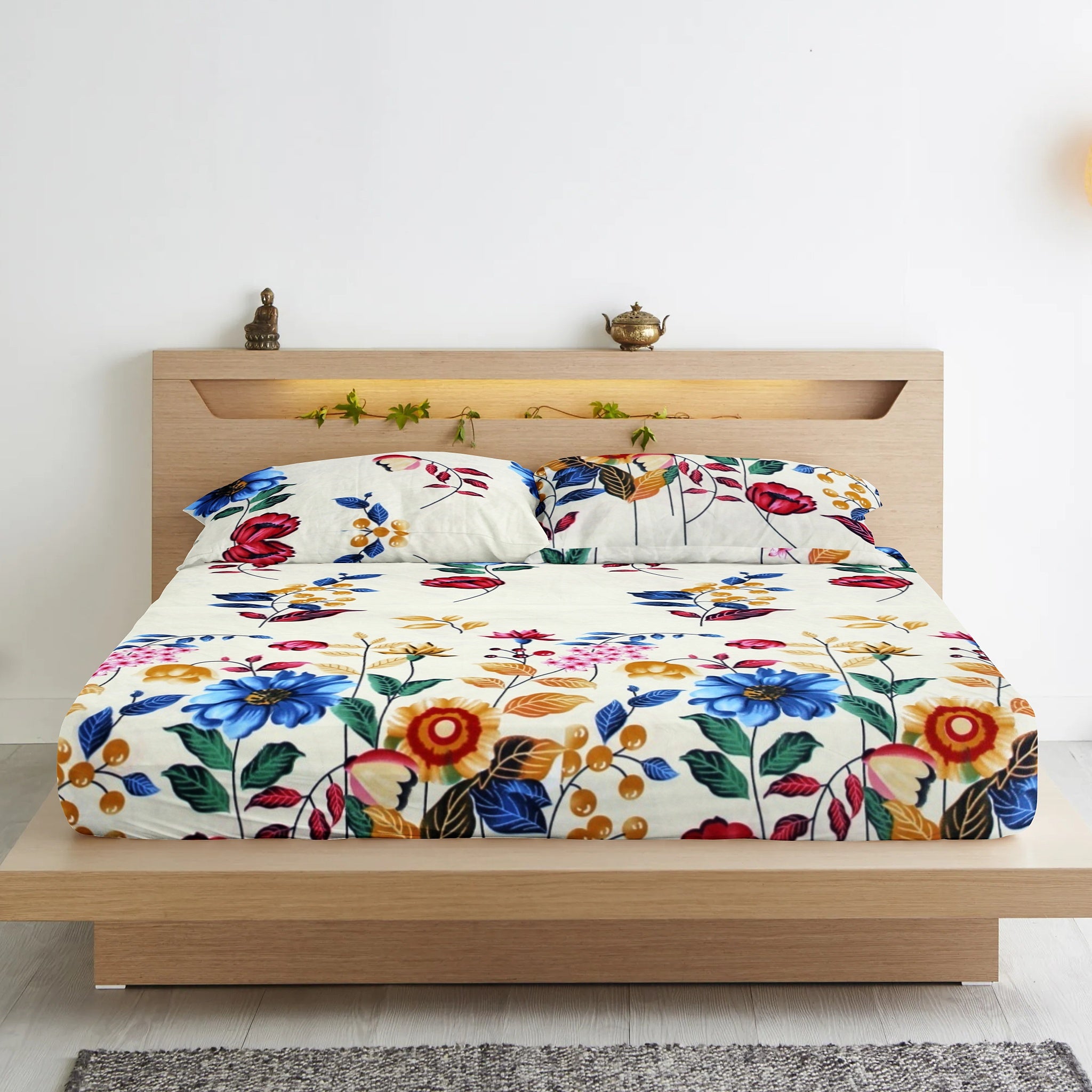 Cotton Floral Print 210 TC King Size Fitted Bedsheet In Multicolor At Best Prices