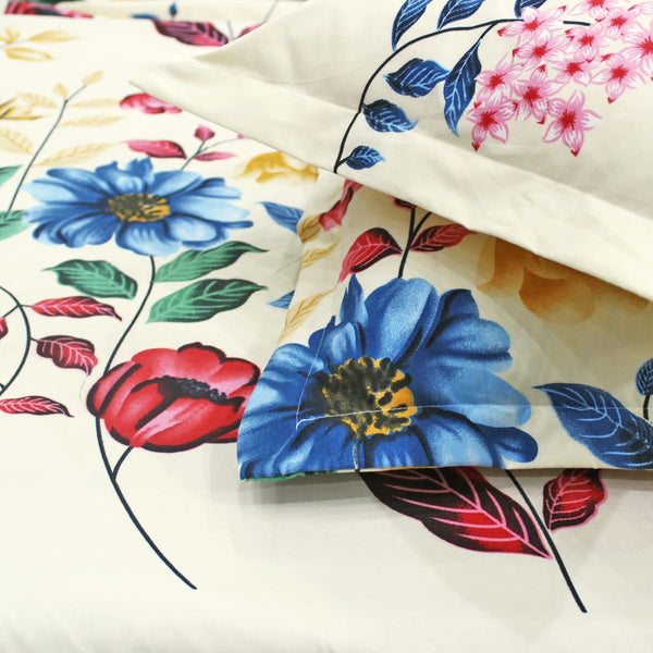 Cotton Floral Print 210 TC King Size Fitted Bedsheet In Multicolor