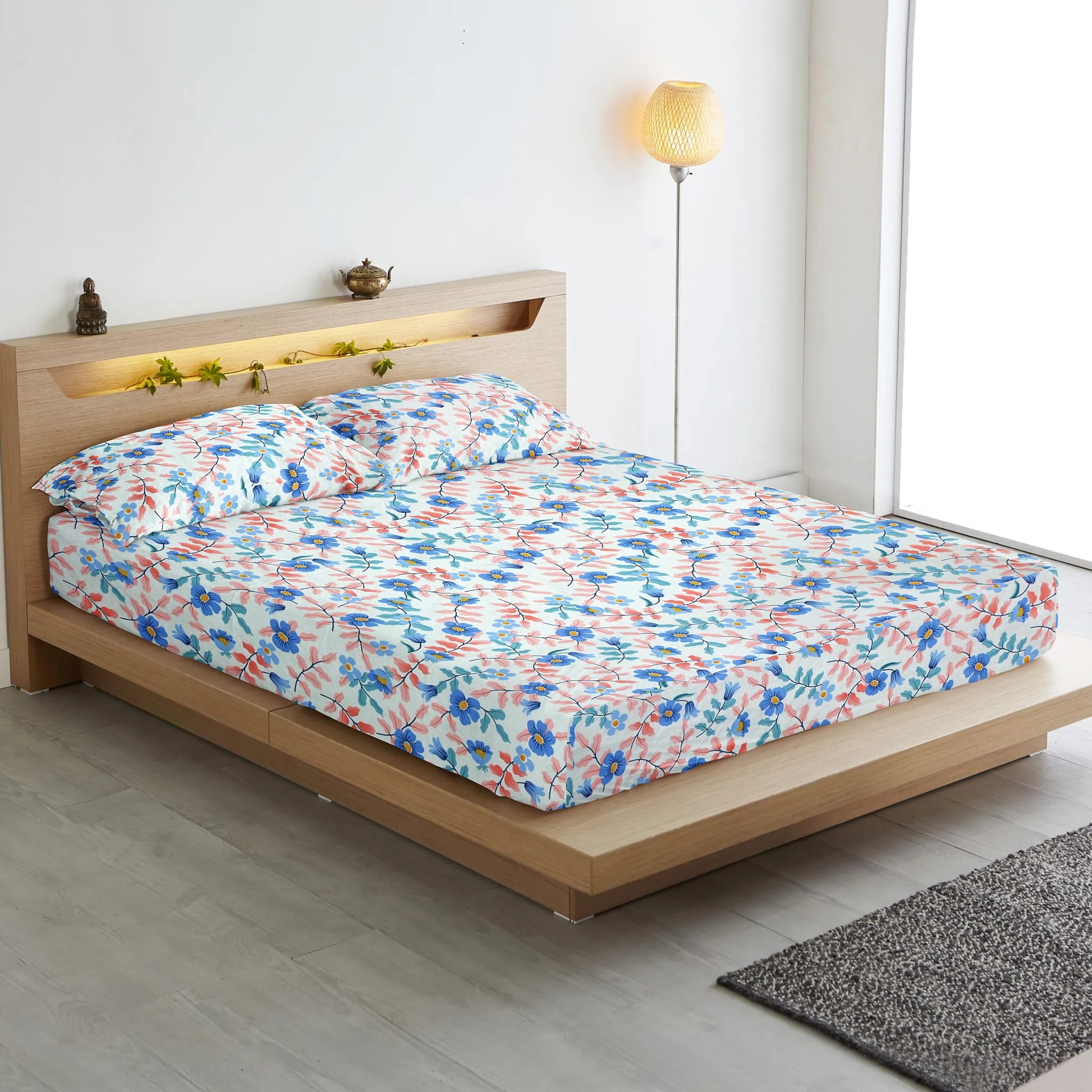 Cotton Floral Print 210 TC King Size Fitted Bedsheet In Multicolor Online In India