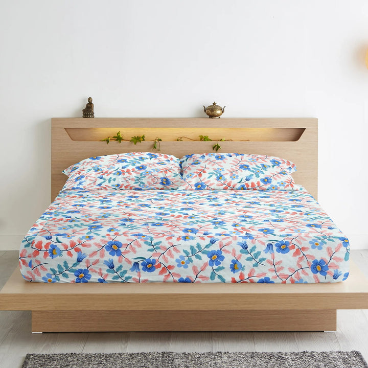 Cotton Floral Print 210 TC King Size Fitted Bedsheet In Multicolor Online In India