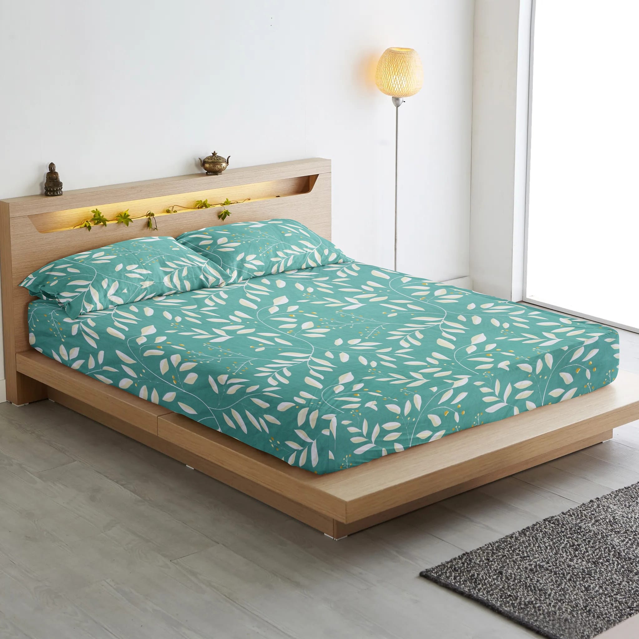 Cotton Floral Print 210 TC King Size Fitted Bedsheet In Green Online In India