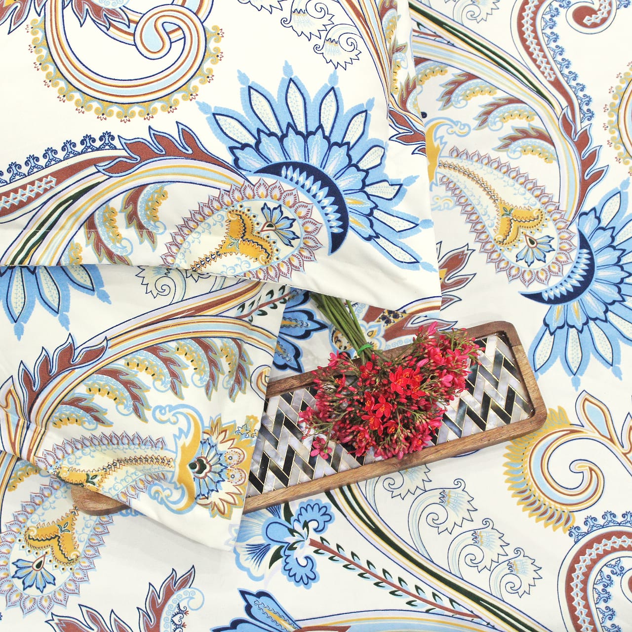 Cotton Paisley Print 210 TC King Size Fitted Bedsheet In Multicolor At Best Prices