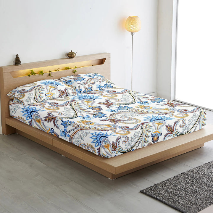 Cotton Paisley Print 210 TC King Size Fitted Bedsheet In Multicolor At Best Prices