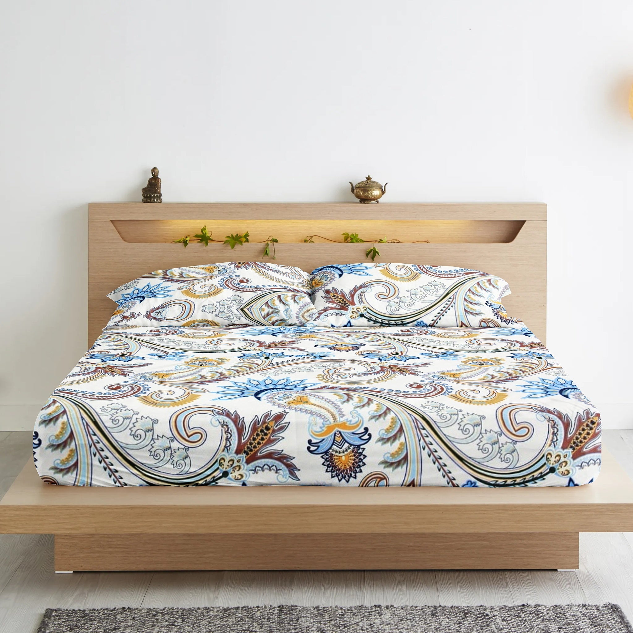 Cotton Paisley Print 210 TC King Size Fitted Bedsheet In Multicolor At Best Prices