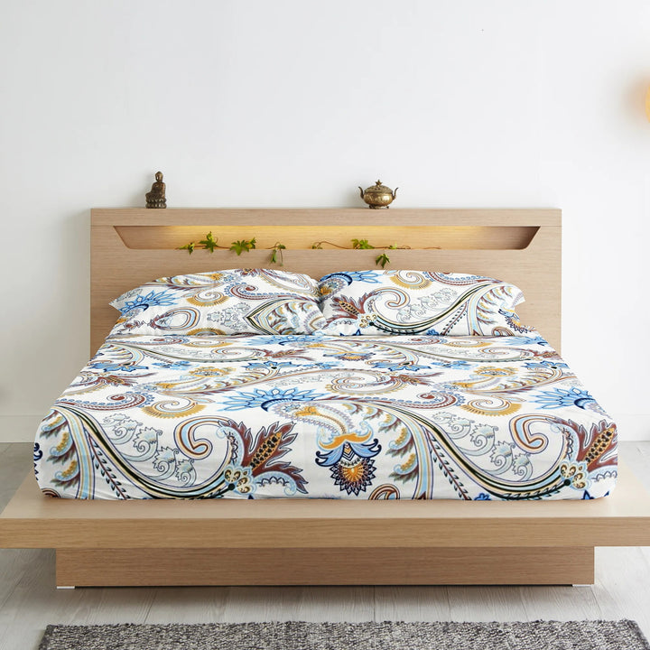 Cotton Paisley Print 210 TC King Size Fitted Bedsheet In Multicolor At Best Prices