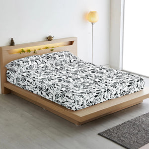 Cotton Floral Print 210 TC King Size Fitted Bedsheet In Black