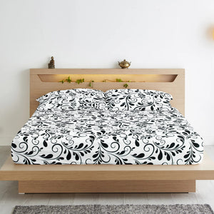 Cotton Floral Print 210 TC King Size Fitted Bedsheet In Black