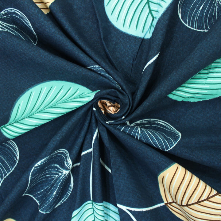 Cotton Floral Print 210 TC King Size Fitted Bedsheet In Navy Blue
