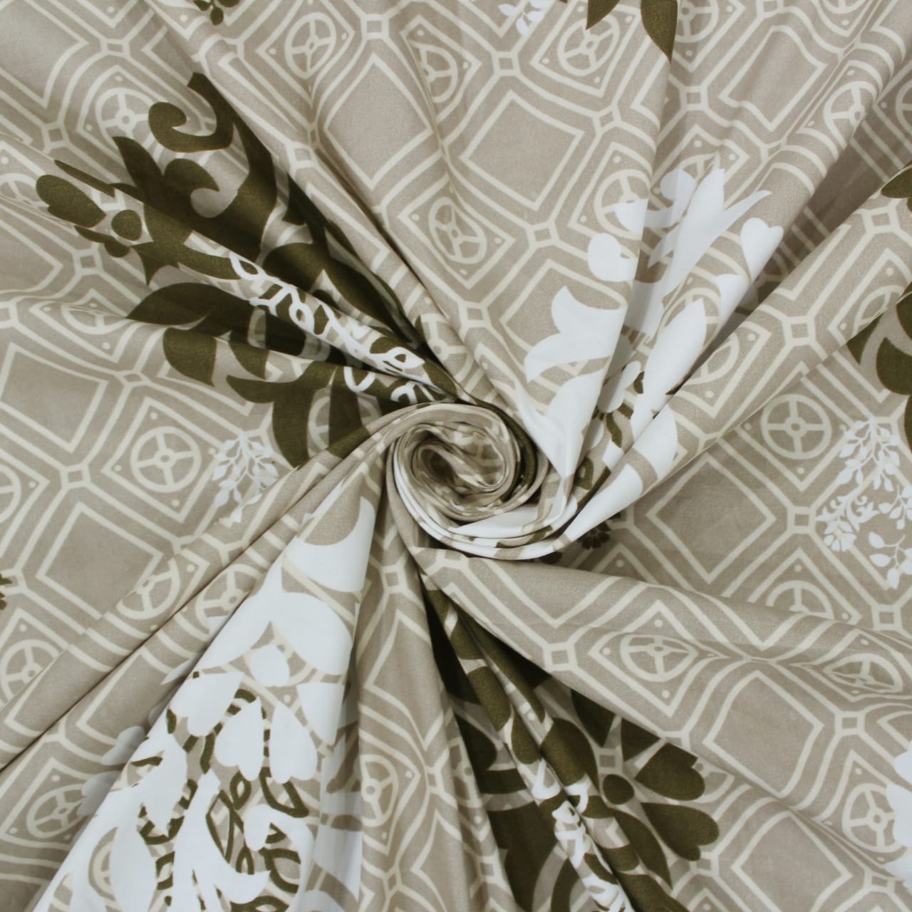 Cotton Floral Print 210 TC King Size Fitted Bedsheet In Khaki
