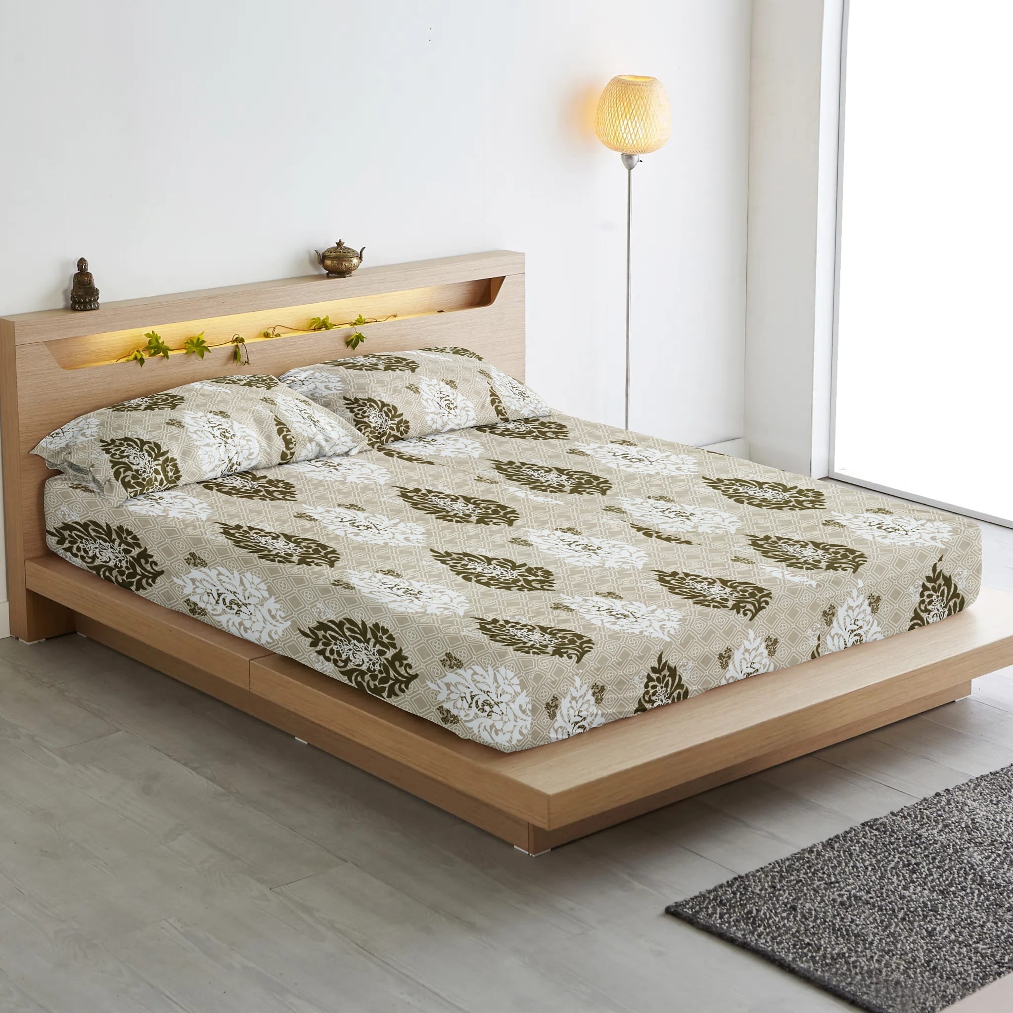 Cotton Floral Print Fitted Bedsheet In Khaki