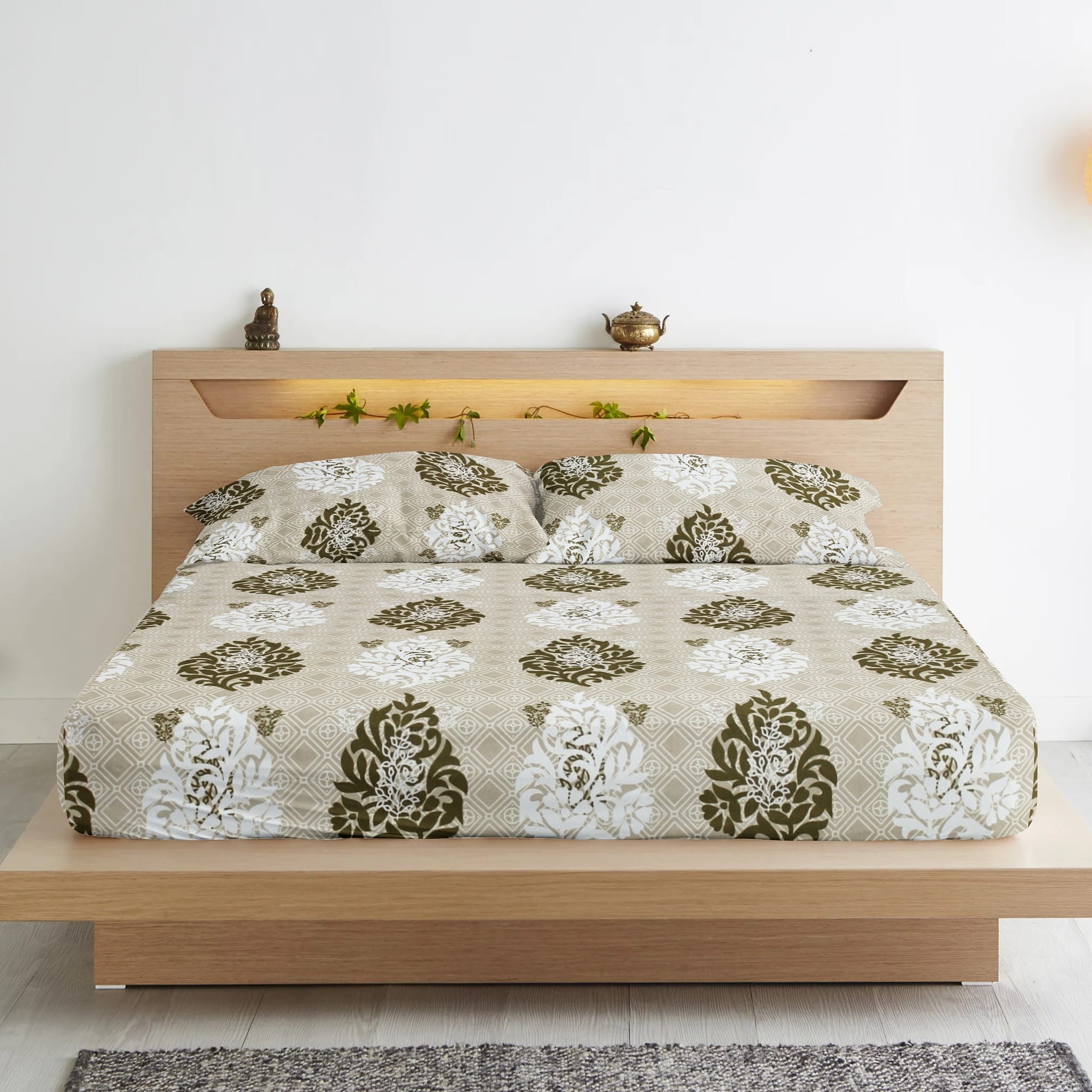 Floral Fitted Bedsheet In Khaki