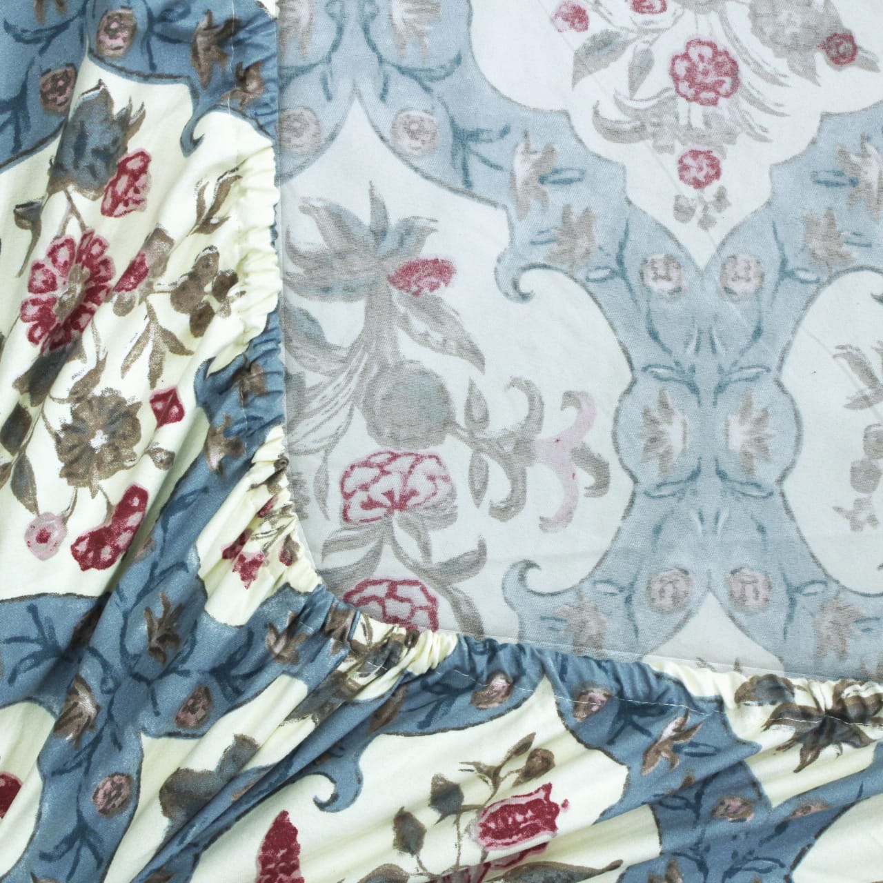 Soft cotton floral print 210 TC fitted bedsheet in blue at best prices
