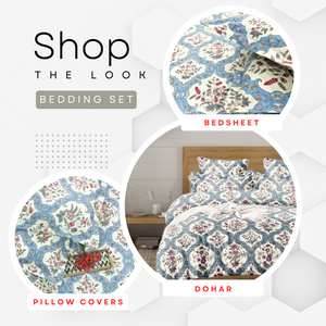 Soft cotton floral print 210 TC fitted bedsheet in blue at best prices