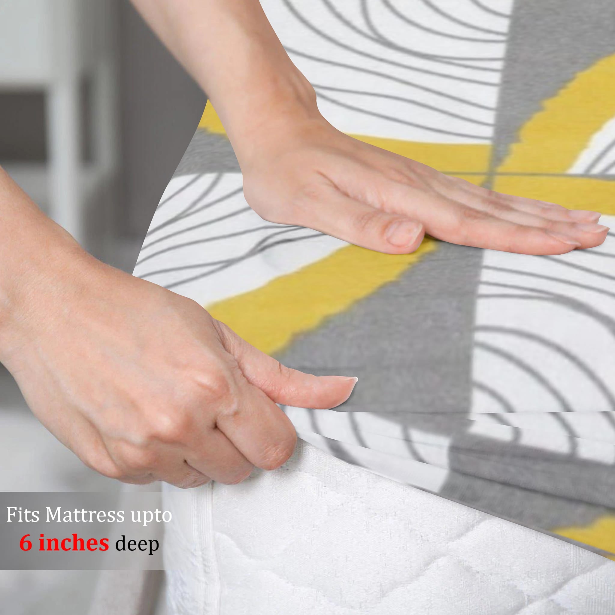 Cotton Geometrical Print 210 TC King Size Fitted Bedsheet In Yellow