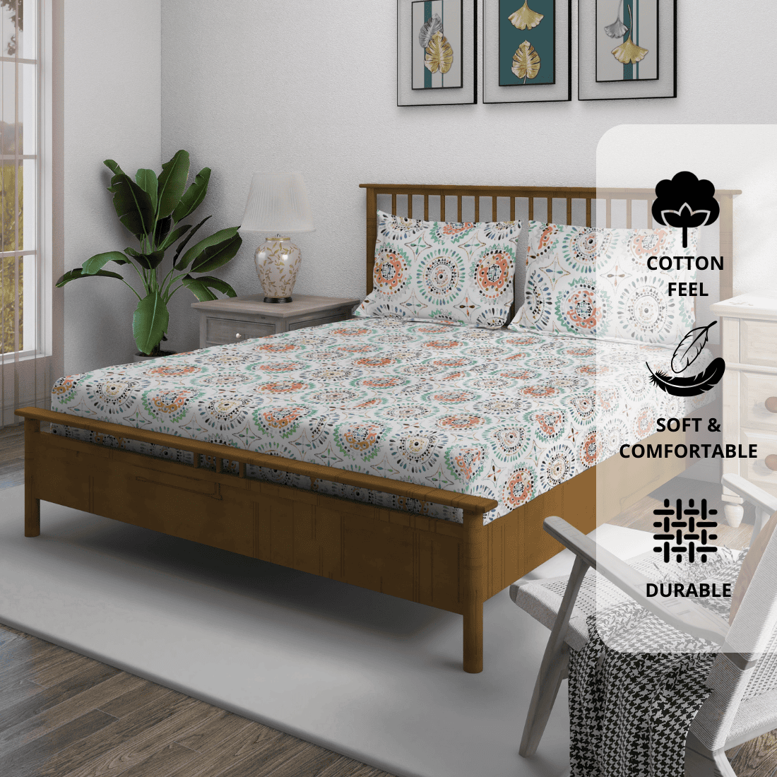 Fitted bedsheet with matching pillow covers
