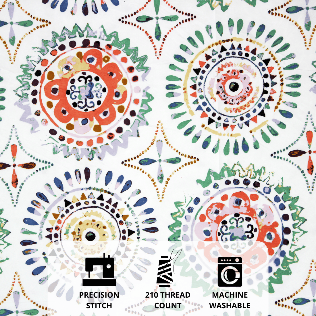 High-quality 210 TC cotton bedsheet fabric showing multicolor geometric design