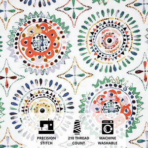 High-quality 210 TC cotton bedsheet fabric showing multicolor geometric design