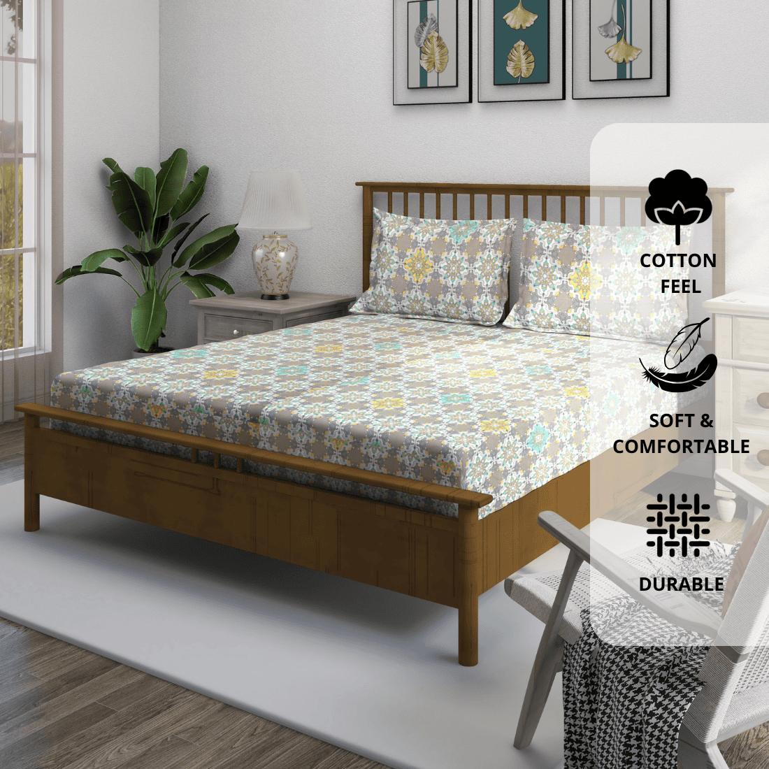 Damask cotton fitted bedsheet with pillow covers