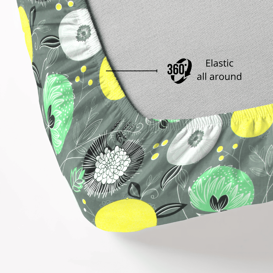 Floral-Bedsheet with elastic band labeled '360 Elastic all around 
