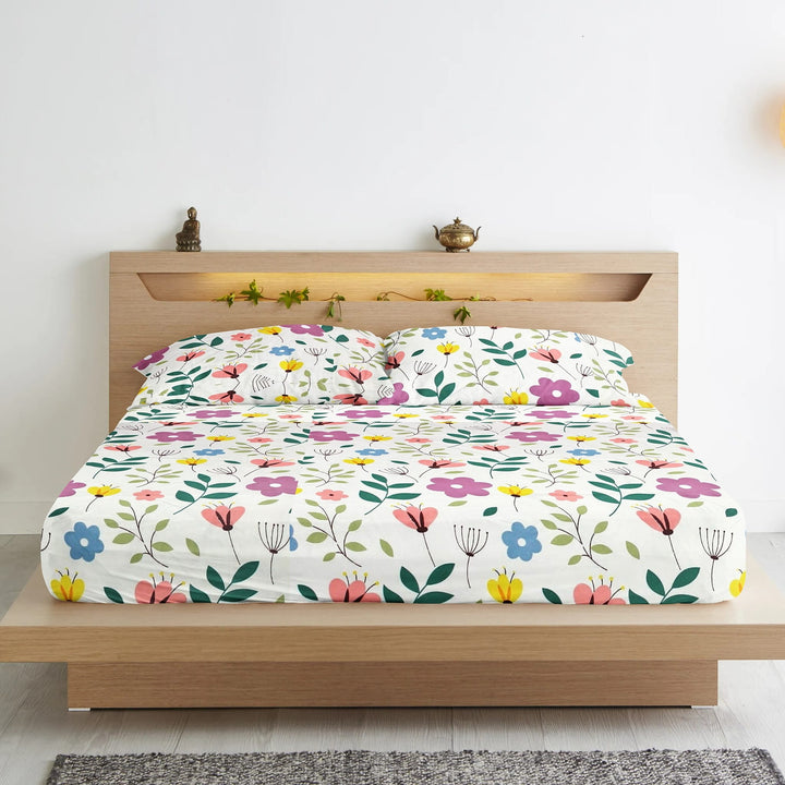 Cotton Floral Print 210 TC king Size Fitted Bedsheet In Multicolor Online In India