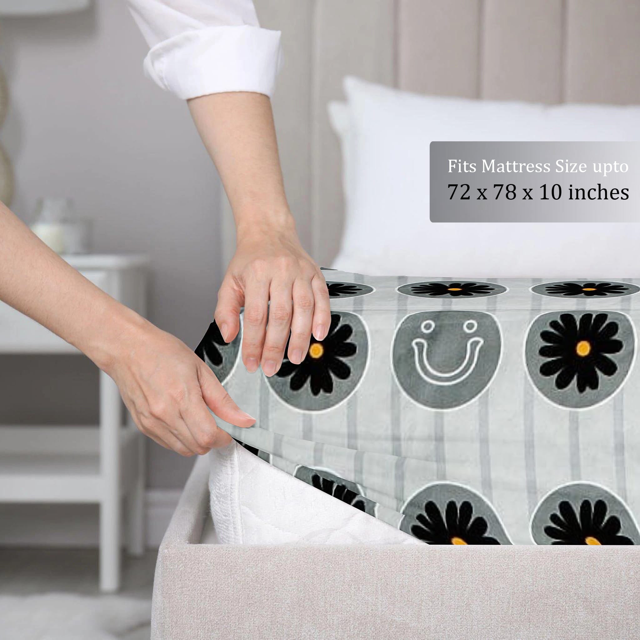 Cotton Floral Print 210 TC King Size Fitted Bedsheet In Multicolor