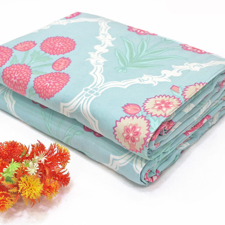Cotton Microfiber Floral Reversible AC Dohar Blanket In Aqua