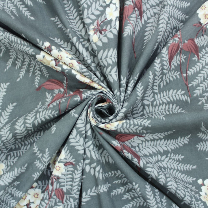 Cotton Floral Print 210 TC King Size Fitted Bedsheet In Grey