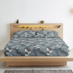 Cotton Floral Print 210 TC King Size Fitted Bedsheet In Grey
