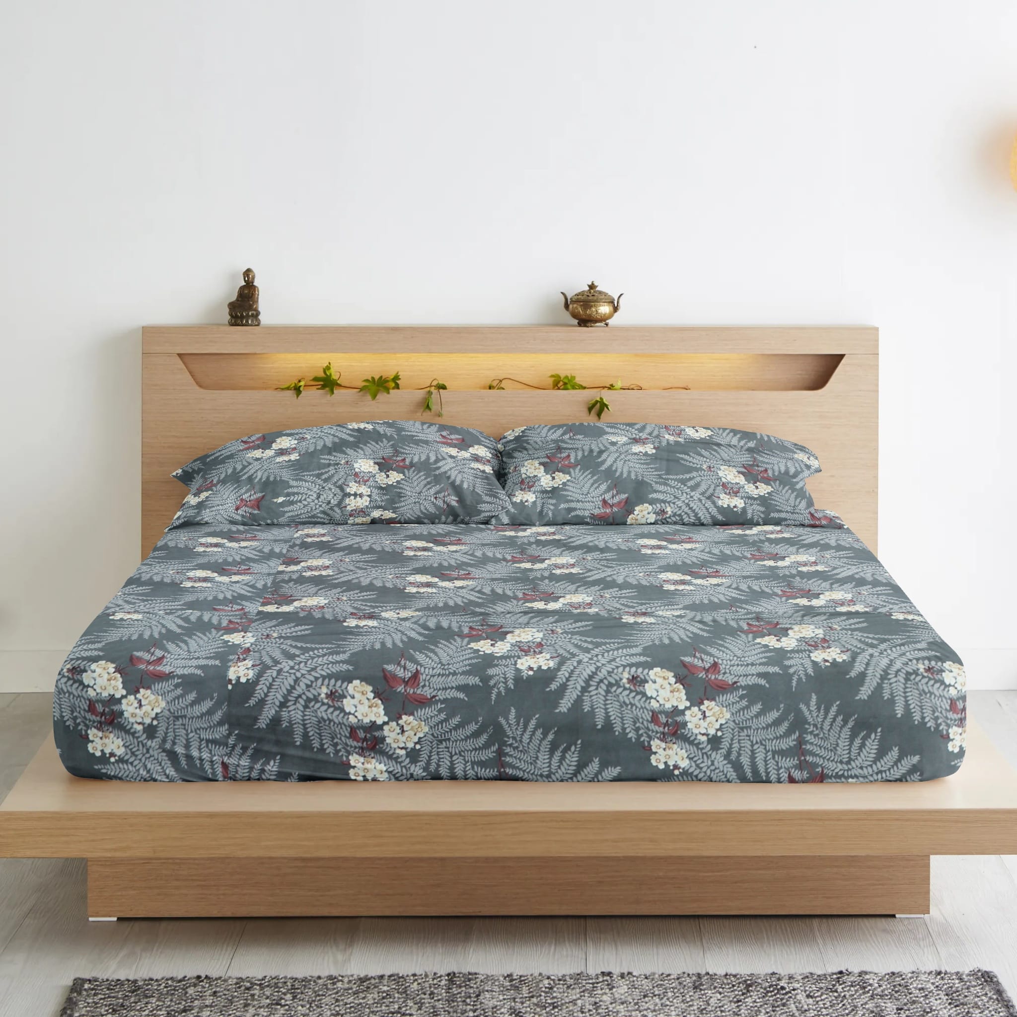 Cotton Floral Print 210 TC Flat Bedsheet In Grey At Best Prices