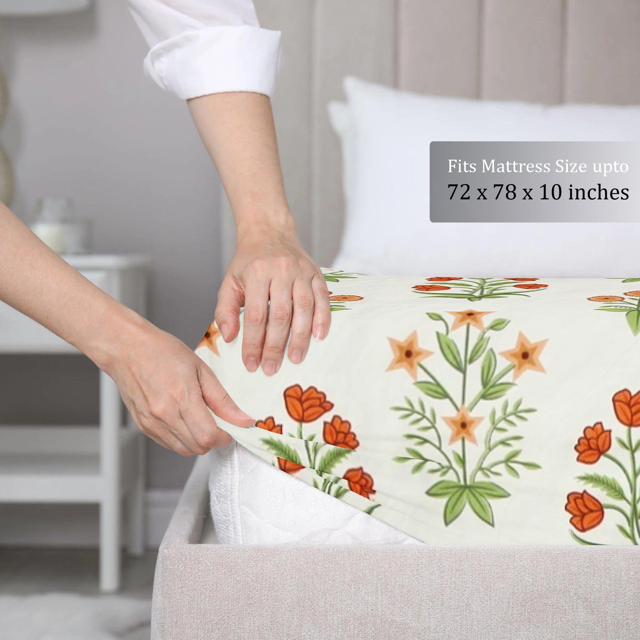 Cotton Floral Print 210 TC King Size Fitted Bedsheet In Multicolor
