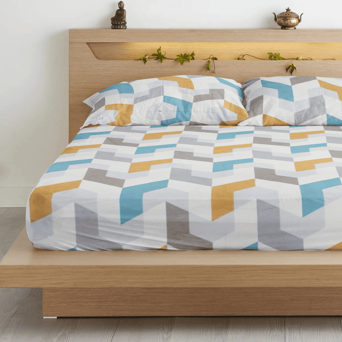Geometrical 210 TC Flat Bedsheet with Pillow Covers - Multicolor  King Size