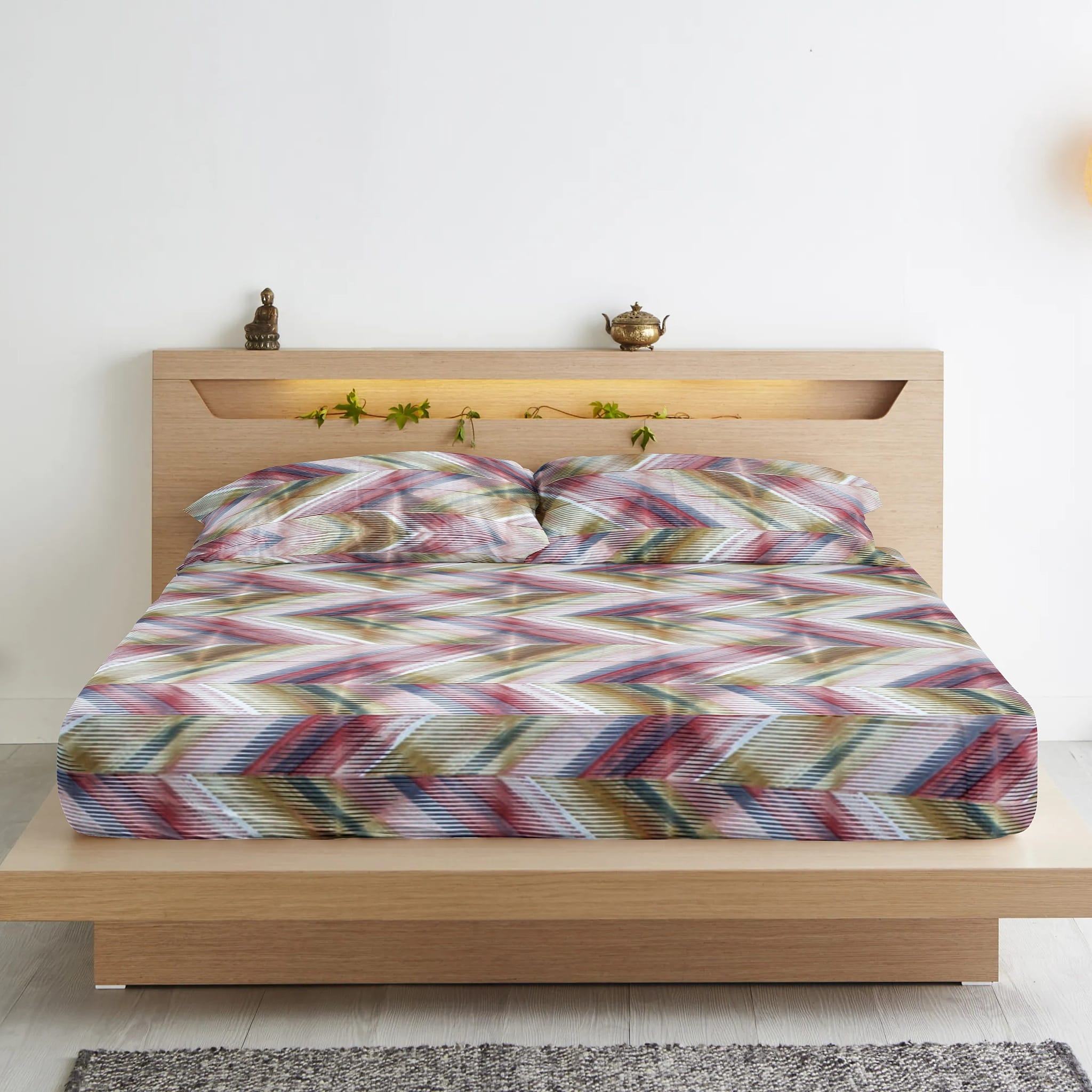 Modern Geometric Pattern 210 TC Fitted Bedsheet with Pillow Covers – Multicolor 