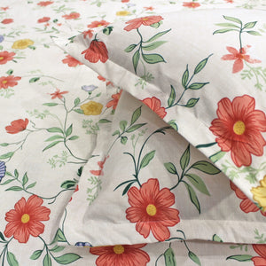 Close-up of a floral fitted bedsheet with pillow covers 