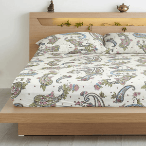 king-size flat bedsheets with a multicolor paisley design