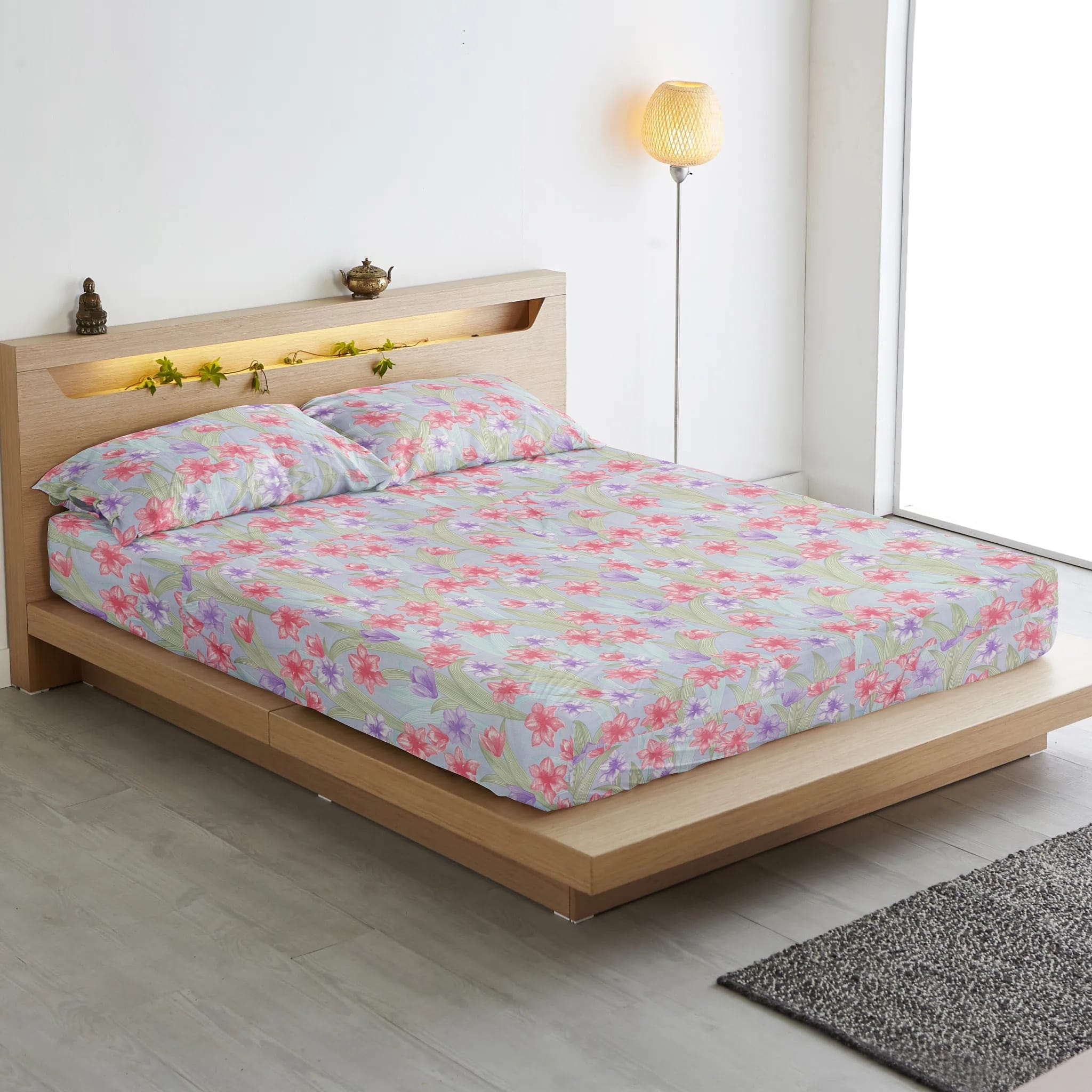 Floral 210 TC Cotton Fitted Bedsheet with Pillow Covers 