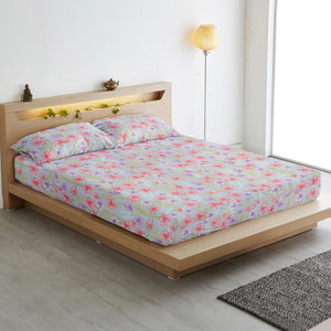 Floral 210 TC Cotton Fitted Bedsheet with Pillow Covers 